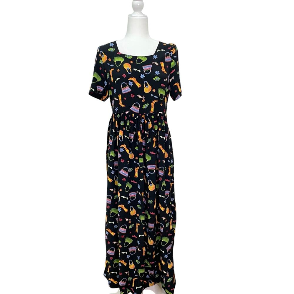 Coldwater Creek Vintage 90s Sz S Black Purse Shoe Flower Print Granny Maxi Dress
